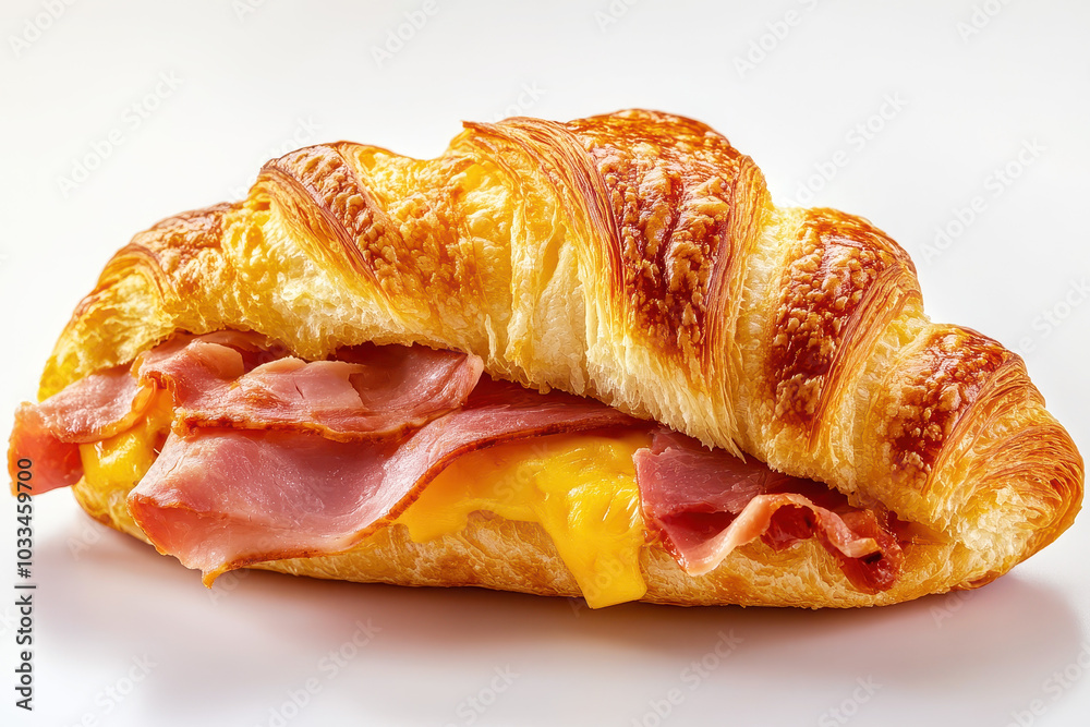 A delicious ham and cheese croissant sandwich captured in a close-up realistic photo against a white background . A delicious ham and cheese croissant sandwich captured in a close-up realistic photo against a white background .