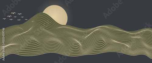 Vector abstract art landscape mountain with birds and sunrise sunset by golden line art texture isolated on dark grey black background. Minimal luxury style for wallpaper, wall art decoration.