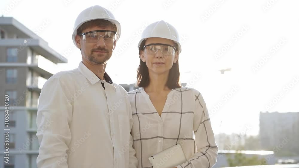 Two architects colleagues, wearing safety helmets and glasses, are standing near each other and looking at the camera at a construction site during sunrise or sunset