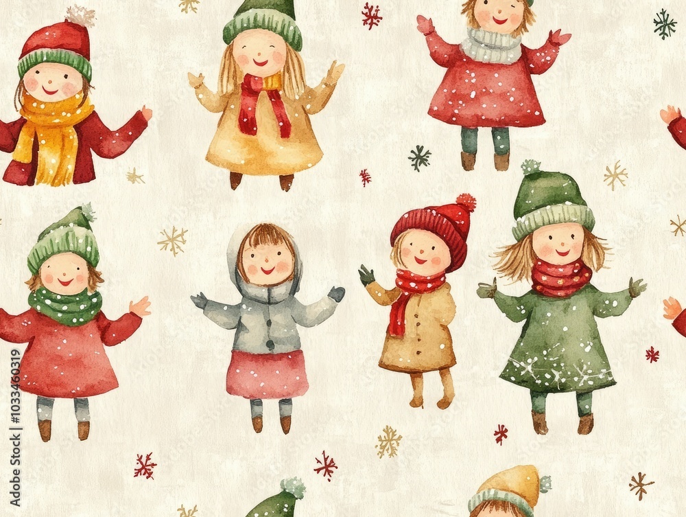 Fototapeta premium Vibrant and whimsical watercolor of a group of Christmas carolers dressed in light red and green outfits set against a soft beige seamless background