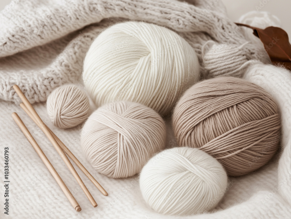 A flatlay of neutral-colored knitting supplies on a light woolen blanket, with skeins of yarn and knitting needles arranged artfully.