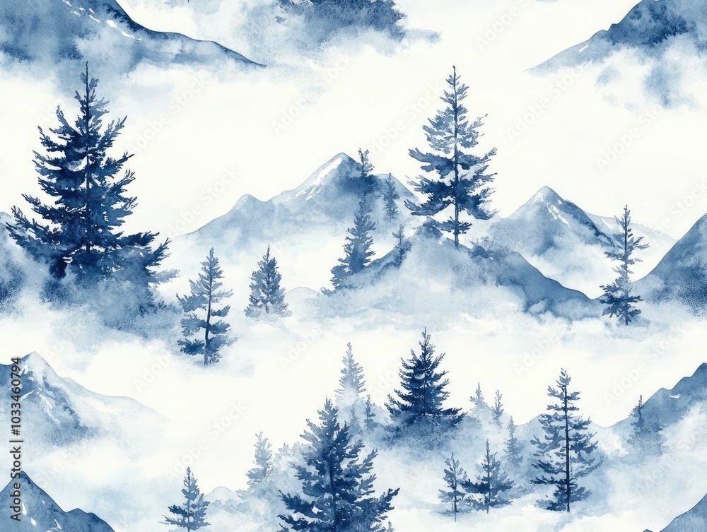 Fototapeta premium Minimalist Watercolor Painting Depicting a Serene Winterscape with Snow Covered Mountain Peaks and Lush Pine Forests in Soft Blue and White Tones Creating a Calming and Ethereal Seamless Pattern