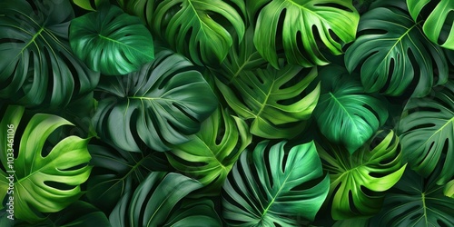 Vibrant green monstera deliciosa leaves with a shallow depth of field. Horizontal summer tropical background. Urban jungle theme.