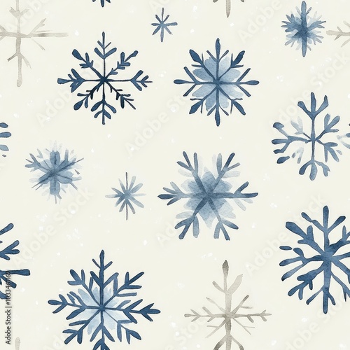 Delicate and ethereal watercolor snowflake in subtle shades of blue and white  scattered across a minimalist gray background  creating a seamless and serene winter pattern design