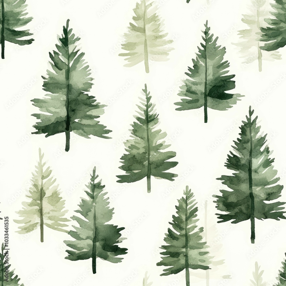 Obraz premium Serene and minimalist watercolor of a seamless pattern featuring various evergreen trees in muted soft green tones against a gentle beige background creating a calming natural landscape
