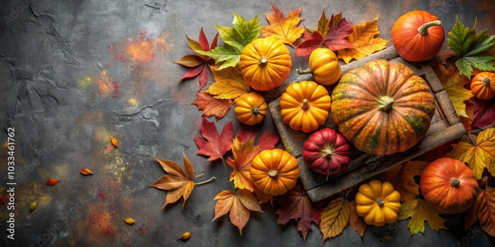 Fototapeta premium Autumn Harvest: Pumpkins on Podium Surrounded by Leaves - A Symbol of Halloween and Thanksgiving with Copy Space for Seasonal Decor and Marketing
