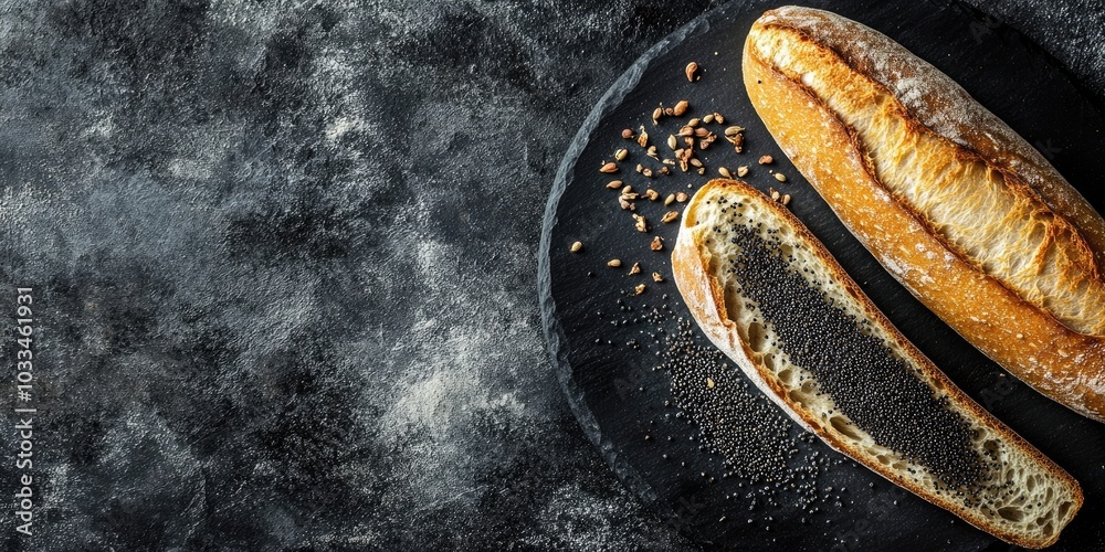 Food background featuring organic French poppy seeds and a baguette on a black slate plate with copy space.
