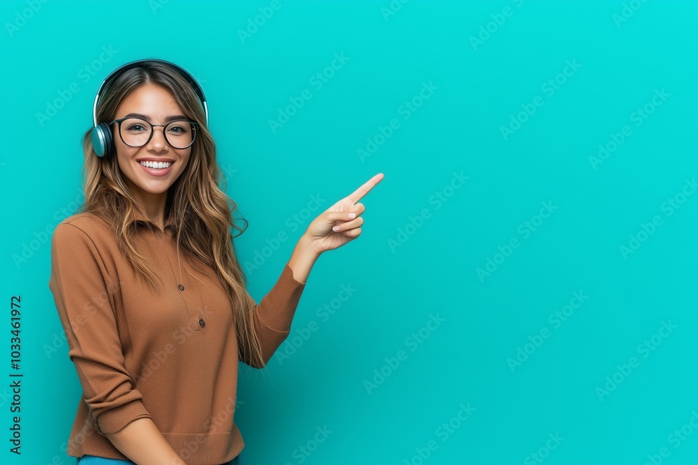 Telemarketer pretty Uruguayan woman working with a headset over isolated background pointing to the side to present a product Telemarketer pretty Uruguayan woman working with a headset over isolated background pointing to the side to present a product