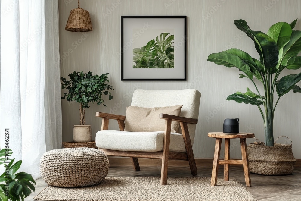 Fototapeta premium Stylish scandinavian composition of living room with design armchair, black mock up poster frame, carpet decor, wooden stool, decoration, loft wall and personal accessories in modern home