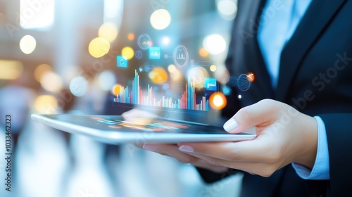 Business professional holding tablet with digital charts and graphs, showcasing analytics and data trends in a modern workspace.