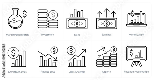 A set of 10 finance icons as marketing research, investment, sales