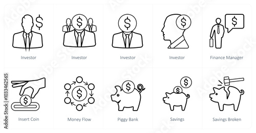 A set of 10 finance icons as investor, finance manager, insert coin