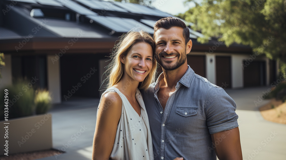 generated illustration of smiling young couple standing in front of their home with solar panels on the roof generated illustration of smiling young couple standing in front of their home with solar panels on the roof