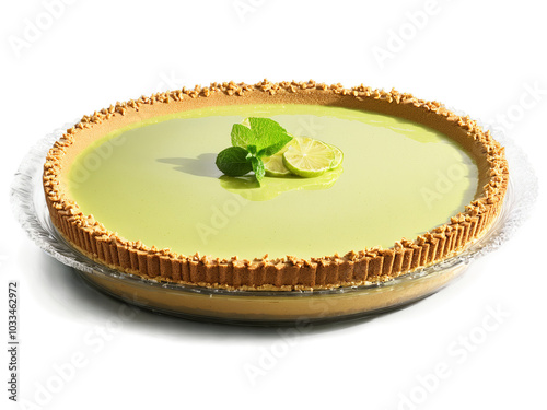 Summer dessert key lime pie with a graham cracker crust served on a transparent glass