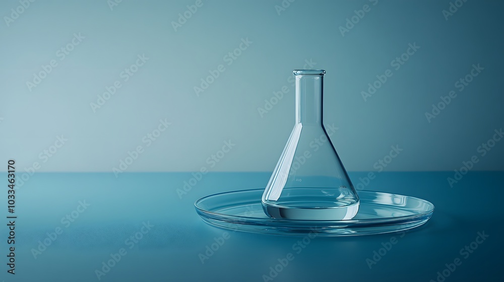 Glass Erlenmeyer Flask with Liquid on Glass Plate Against Blue Background Glass Erlenmeyer Flask with Liquid on Glass Plate Against Blue Background