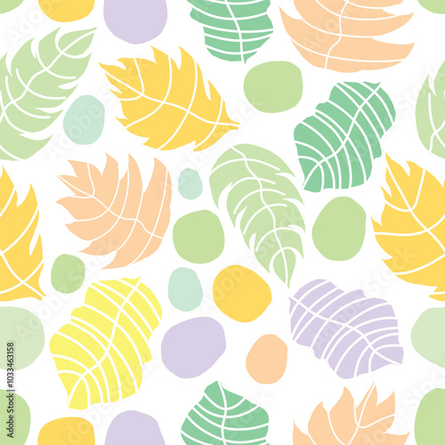 yellow, orange, purple, green leaves with floral abstract circles hand drawn autumn, summer seamless pattern.