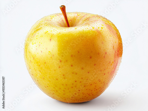 Freshly washed yellow apple with droplets of water, showcasing its vibrant color and natural sheen, isolated on a clean, light backdrop
