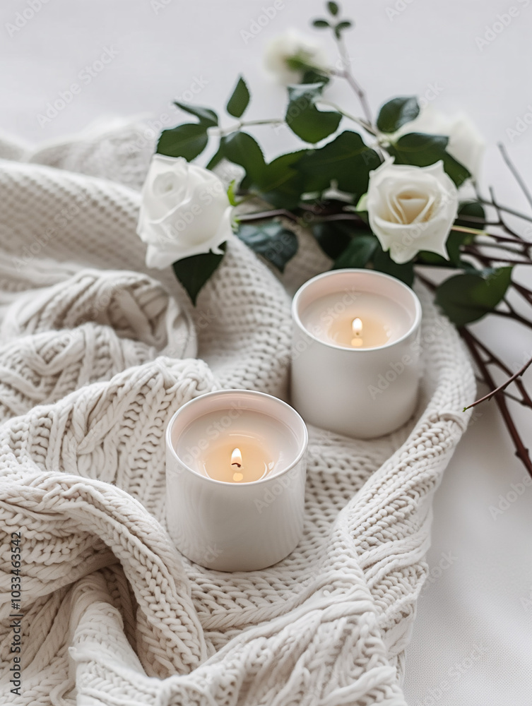 Velas encendidas con flores blancas y manta de punto acogedora Velas encendidas con flores blancas y manta de punto acogedora