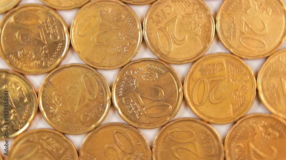 20 Euro Cent Coins, Rotating Money Background - Top View. Euro Money Currency. A Lot of Twenty Cent Cash. Golden Eurocents. Business, Finances and Money Saving Concept - Slow Rotation Left 20 Euro Cent Coins, Rotating Money Background - Top View. Euro Money Currency. A Lot of Twenty Cent Cash. Golden Eurocents. Business, Finances and Money Saving Concept - Slow Rotation Left