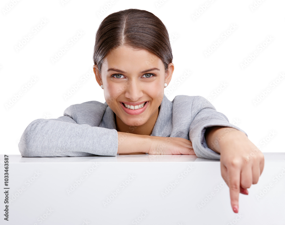 Business, woman and pointing down with portrait in studio for announcement, information and review. Happy, employee and face with feedback gesture by billboard for job advertising by white background Business, woman and pointing down with portrait in studio for announcement, information and review. Happy, employee and face with feedback gesture by billboard for job advertising by white background