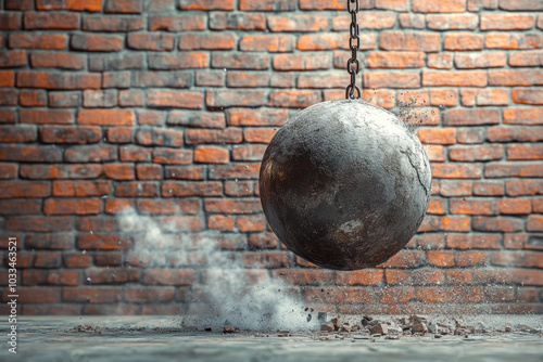 A heavy ball crashing into a brick wall, creating dust and debris in an industrial setting during daylight hours