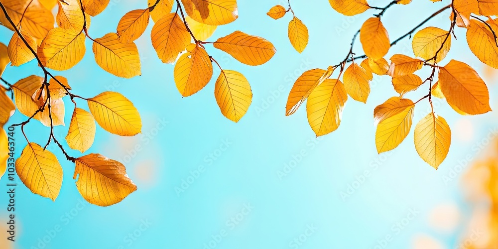 Autumn yellow leaves on branches in a park against a blue sky, with copy space. Autumn yellow leaves on branches in a park against a blue sky, with copy space.
