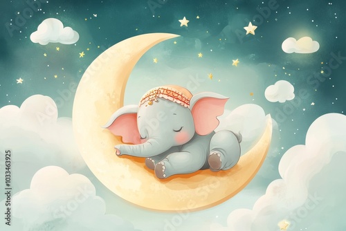 A cute elephant peacefully sleeps on a crescent moon surrounded by fluffy clouds and twinkling stars