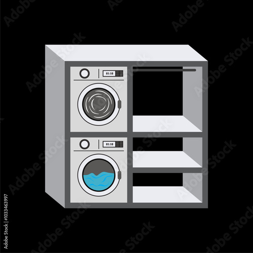 Laundry room. Washing and drying machine. Vector 3D illustration. Isolated on black background. Shelves for clothes and detergents