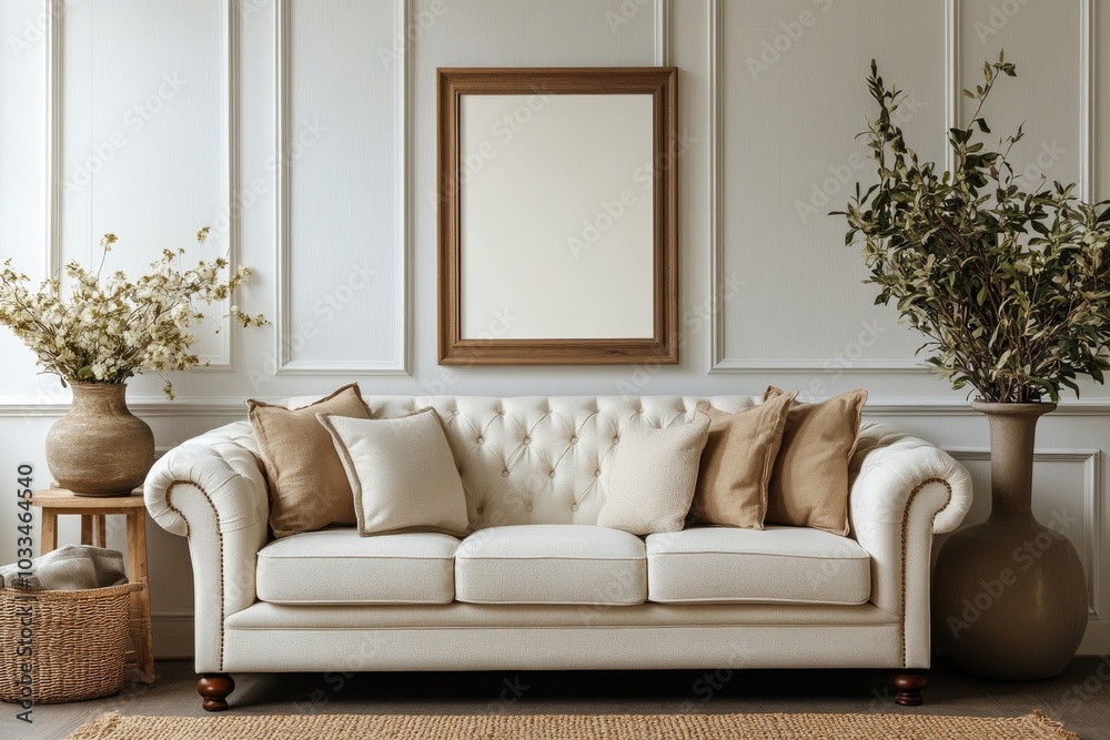 Fototapeta premium Elegant composition of living room interior with black desk, rattan armchair, vase with leaves, stylish sculpture, rack with books and personal accessories. Home decor, Generative AI
