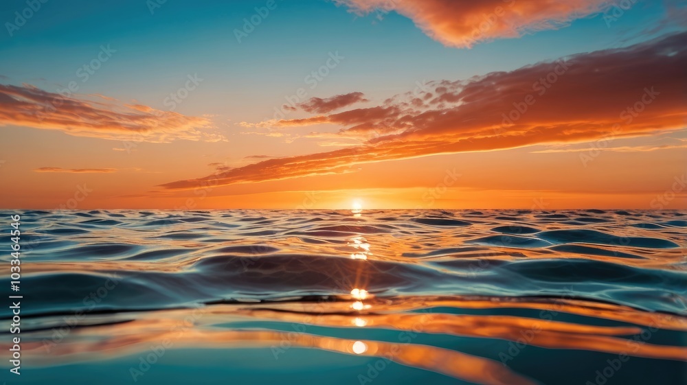 Fototapeta premium Abstract scenic calm ocean, sunrise sky reflecting in the water