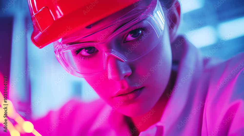A focused scientist wearing a hard hat and safety goggles, illuminated by vibrant purple and blue lights, engaged in research with advanced equipment. A focused scientist wearing a hard hat and safety goggles, illuminated by vibrant purple and blue lights, engaged in research with advanced equipment.