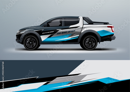 sporty car truck double cabin branding sport rally dakar touch of blue, mockup with racing wrap decal or livery design.