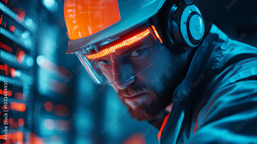 A focused technician wearing a hard hat and headphones, working in a data center with glowing servers. Emphasizing technology and safety. A focused technician wearing a hard hat and headphones, working in a data center with glowing servers. Emphasizing technology and safety.
