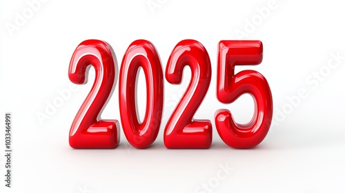 The number 2025 is written in red. Number stands out against the white background. Red color of the number gives it a sense of importance. 3D numbers "2025" in the form of New Year's toys in red color