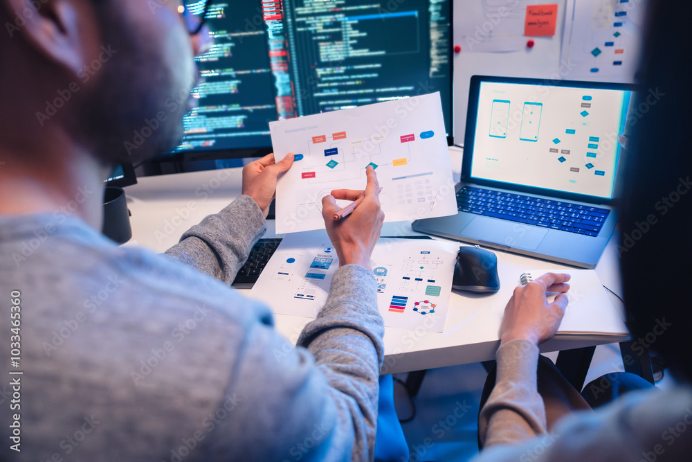 © weedezign - Asian software developers teams working on multiple screens displaying code and application diagrams at night in modern office