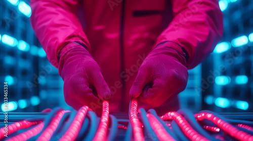 A person in a vibrant pink jacket carefully manipulates glowing cables in a high-tech environment, showcasing innovative technology and design.