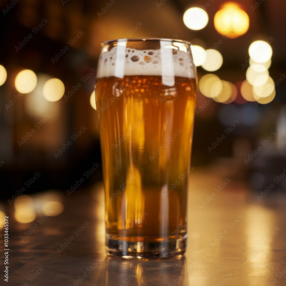 A delicious-looking pint of top-fermented beer sits on a rustic wooden table in a pub. The background features bokeh circles from the lights, creating a warm and inviting atmosphere. A delicious-looking pint of top-fermented beer sits on a rustic wooden table in a pub. The background features bokeh circles from the lights, creating a warm and inviting atmosphere.