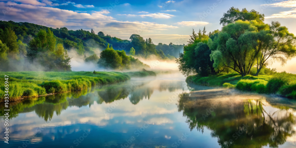 serene river landscape with mist rising from calm water, surrounded by lush greenery and trees. tranquil scene evokes sense of peace and natural beauty