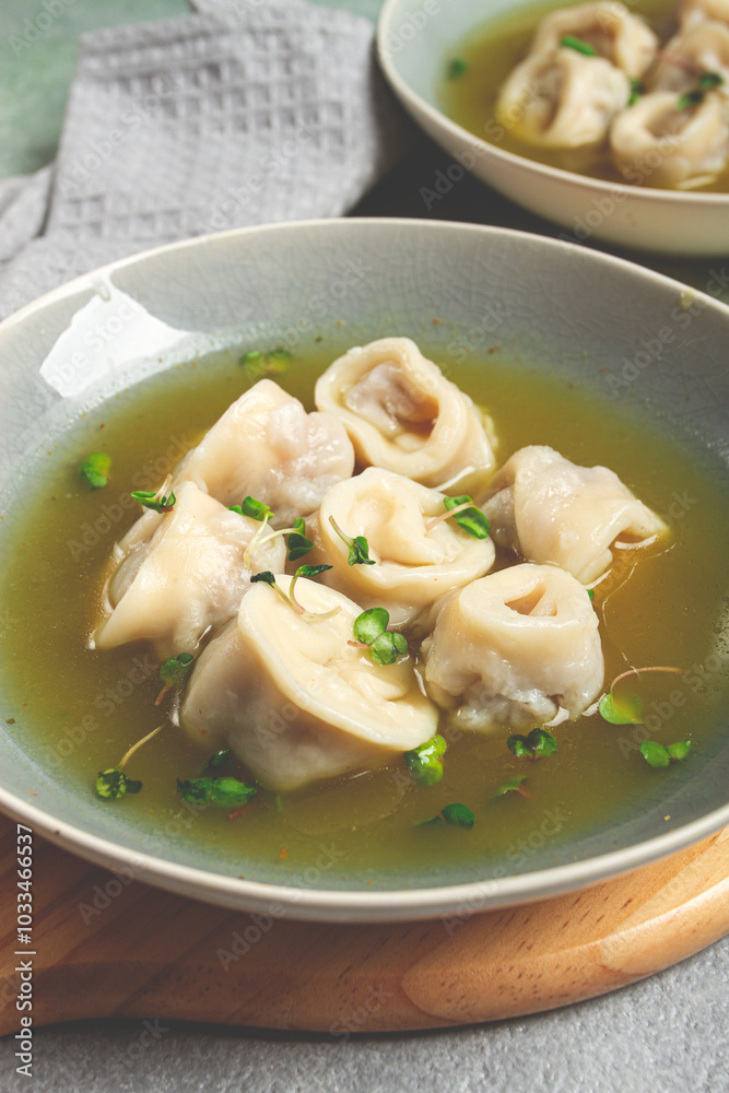 Cappelletti with meat in chicken broth, ravioli with meat, homemade, no people, Cappelletti with meat in chicken broth, ravioli with meat, homemade, no people,