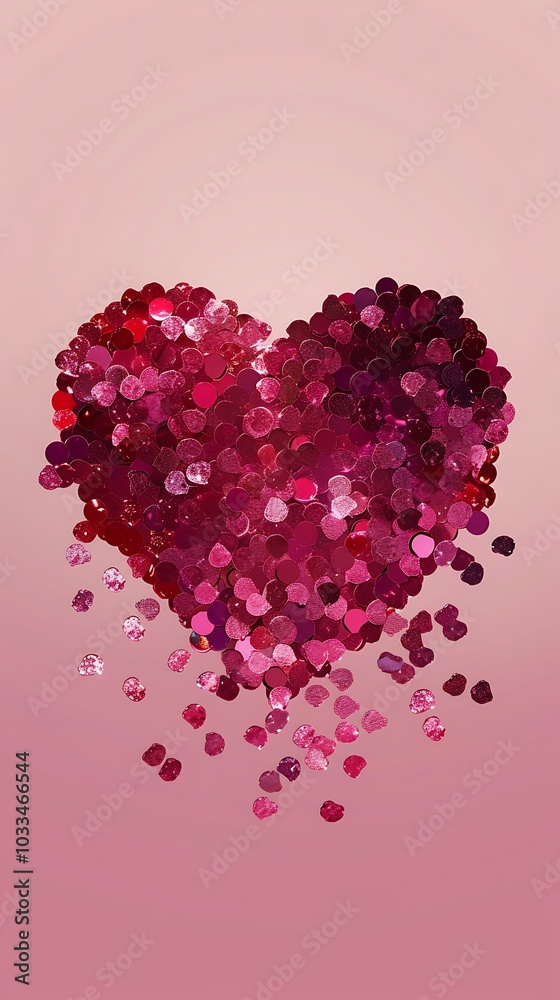 A flat illustration of a heart shape made from red and pink sequins, neatly aligned on a plain background, with light reflecting off each sequin. 8k UHD, suitable for high-quality printing or A flat illustration of a heart shape made from red and pink sequins, neatly aligned on a plain background, with light reflecting off each sequin. 8k UHD, suitable for high-quality printing or