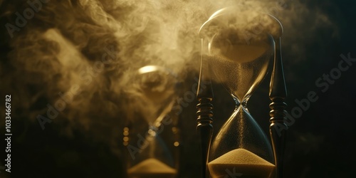 Time concept. Sand flows through the glass bulbs of an hourglass, tracking the passage of time as it counts down to a deadline. Silhouettes of hourglasses in smoke against a dark background. photo