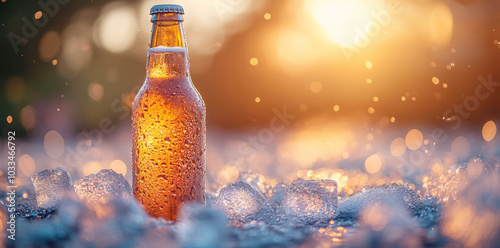 Brown beer bottl stand in ice cubes, refreshing and cooling on a warm summer evening photo