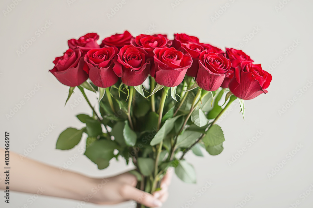 Fototapeta premium The hand holds a bouquet of red roses. The job of a florist in a flower shop. A beautiful fresh bouquet. Flower delivery.