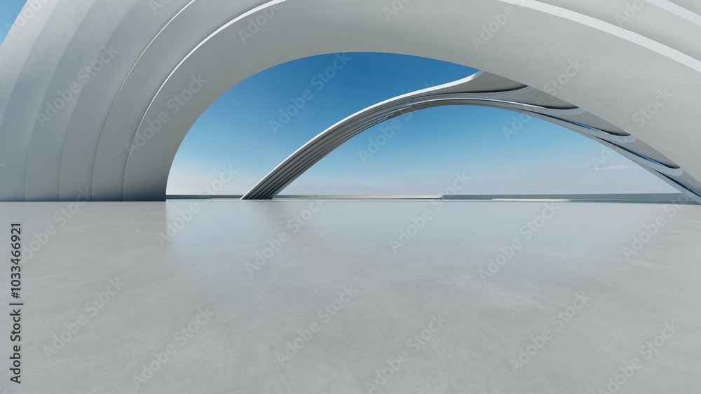 Fototapeta premium 3d render of white futuristic architecture, abstract structure with empty concrete floor