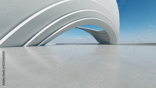 3d render of white futuristic architecture, abstract structure with empty concrete floor