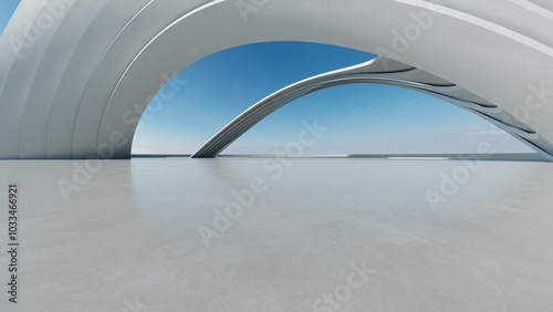 Fototapeta Naklejka Na Ścianę i Meble -  3d render of white futuristic architecture, abstract structure with empty concrete floor