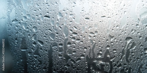 Cold weather condensation on glass texture with sunlight backdrop surface.