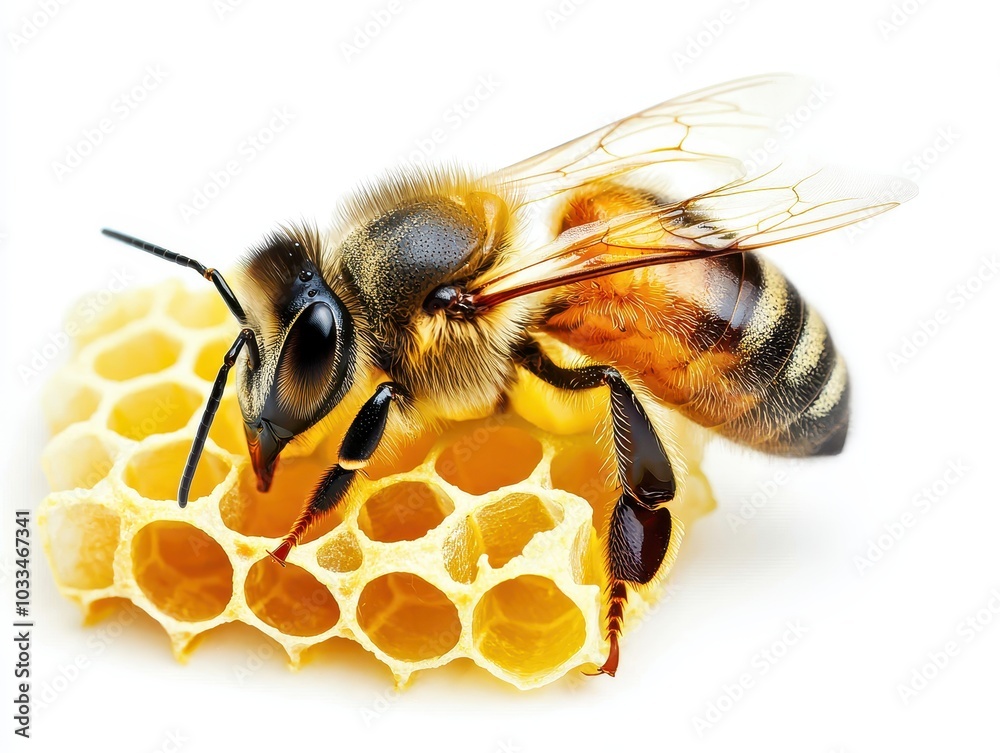 Bee on honeycomb, white isolated background Bee on honeycomb, white isolated background