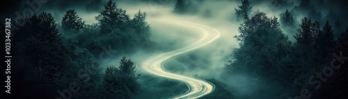 Serene Winding Road Through Misty Landscape photo
