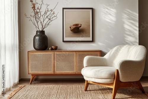 Creative composition of living room interior with mock up poster frame, vase with died flowers, braided plaid, modular sofa, wooden coffee table and personal accessories. Home decor, Generative AI